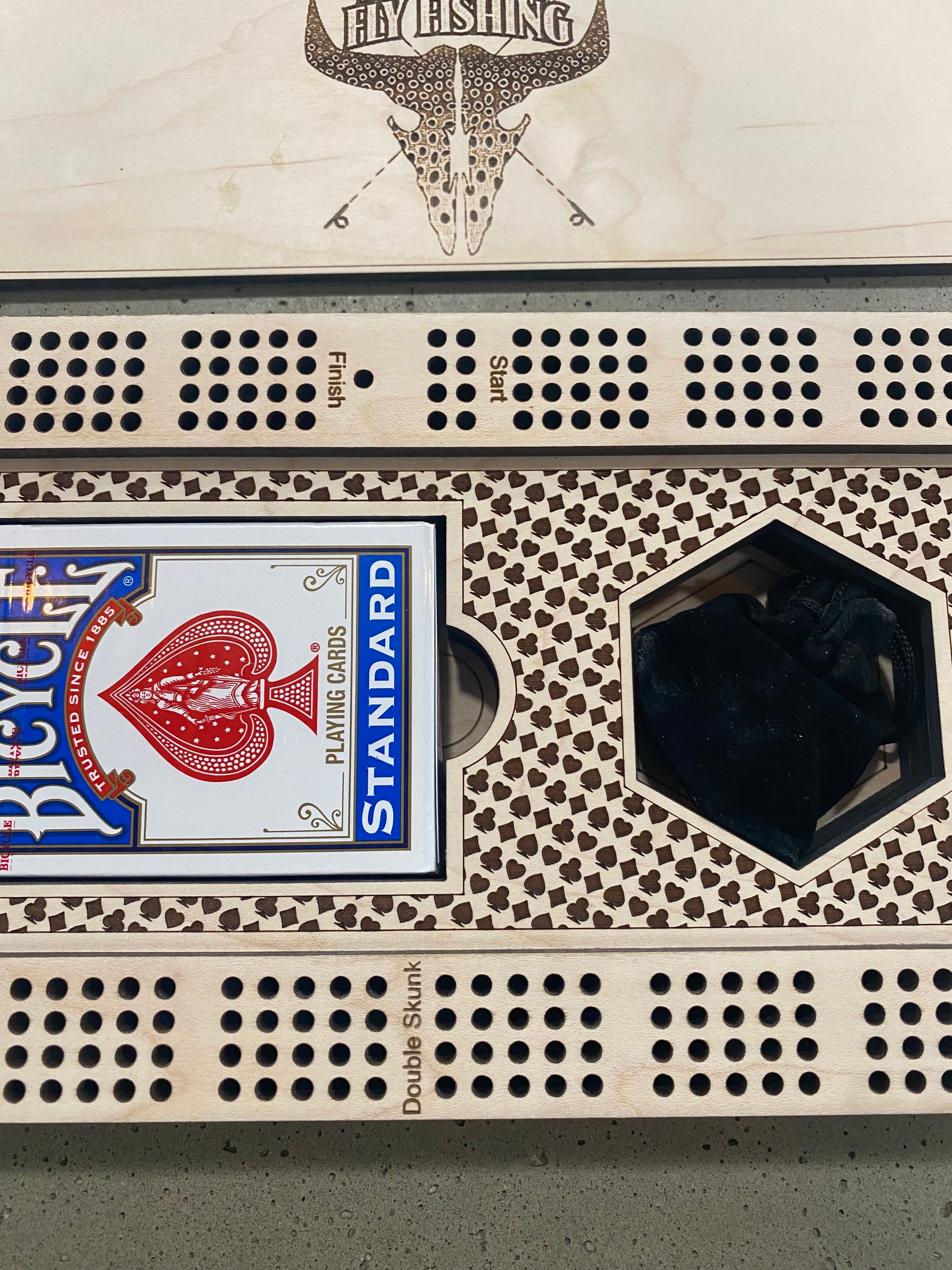 Wyoming Fly Fishing Cribbage Board Closeup