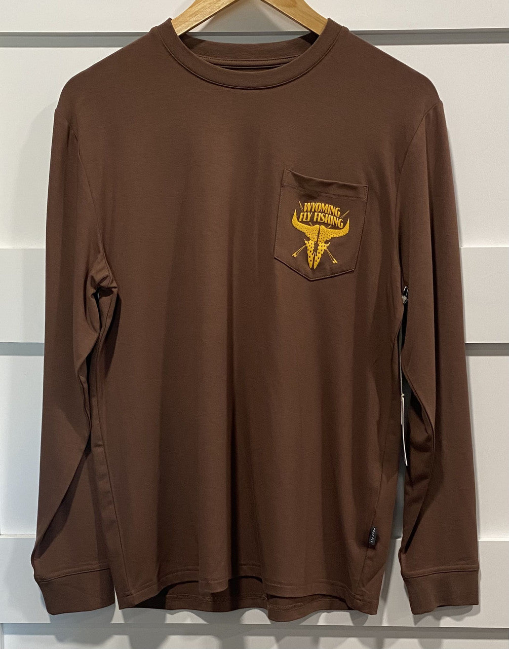 Wyoming Fly Fishing Free Fly Men's Bamboo Flex Long Sleeve Pocket Tee Mustang Logo